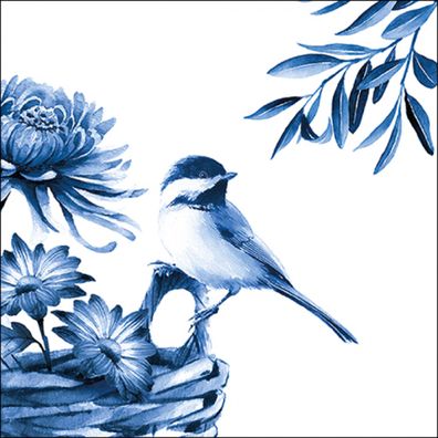 Servietten Papier 33x33cm 3-lag mit Vogel & Blumen Motiv in Blau 20 Stk