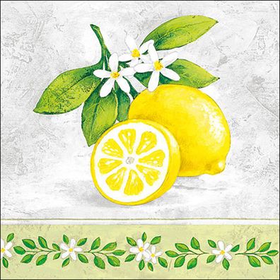 Servietten Papier 33x33cm 3-lagig mit Zitronen & Blüten Motiv 20 Stk