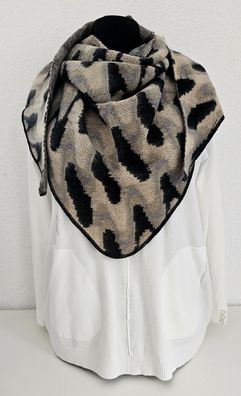 XXL Winter Flausch Dreieckstuch Schal Viskose Wolle bunter Print Schwarz Grau Beige