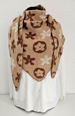 XXL Winter Flausch Dreieckstuch Schal Viskose Wolle bunte Blüten Beige/Braun/Weiß