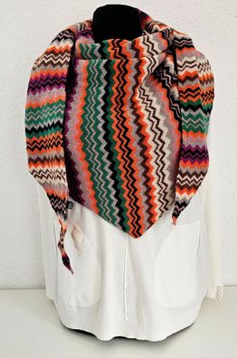XXL Winter Flausch Dreieckstuch Schal Viskose Wolle bunter Zickzackprint Beige/Braun