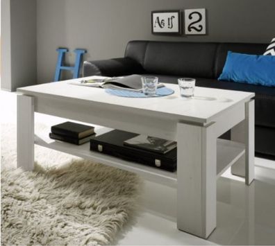 Couchtisch weiß Pinie Wohnzimmer Tisch mit Ablage Beistelltisch 110 x 65 cm