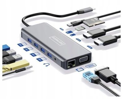 Adapter HUB Docking Station 12in1 USB-C 2x HDMI VGA USB Jack SD Ethernet LAN