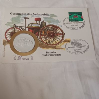 Numisbrief DDR "Geschichte des Automobils- Daimler Stahlradwagen" Meißner Porzellan