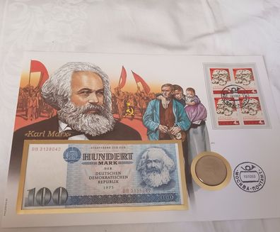 Banknotenbrief Karl Marx 100 DDR-Mark, 4 DM, sowjetischer gest. Briefmarkenblock