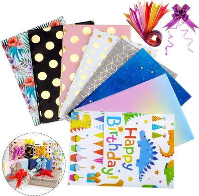 Geschenkpapier Set - 8 Bögen mit 12 Schleifen (70x50cm, verschiedene Muster)