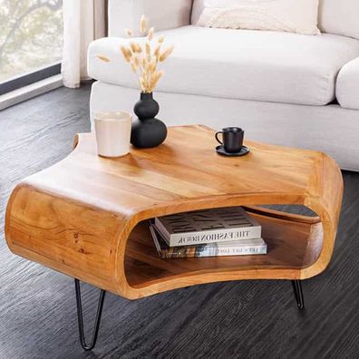 Design Couchtisch LIVE-RANIC 70cm braun Akazienholz mit Stauraum Metallbeine