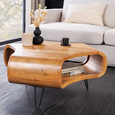 Design Couchtisch LIVE-RANIC 90cm braun Akazienholz mit Stauraum Metallbeine