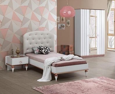 Set Bett Nachttisch Kleiderschrank Modern Elegant Design Weiß 3-teilig Möbel