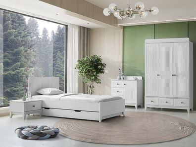 Set Bett Nachttisch Kommode Kleiderschrank Modernes Design Kinderzimmer 4-teilig