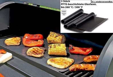 NEU 3er Set Grillmatten antihaft wiederverwendbar für BBQ Grill Heißluft Ofen