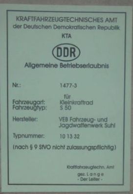 ABE Kleinkraftrad Simson S50 Stempel DDR Oldtimer