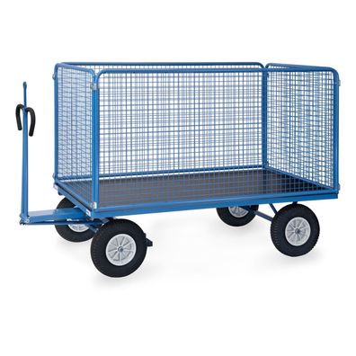 Fetra Handpritschenwagen mit Zugoese, hohen Drahtgitterwaenden und Polyurethanbereif