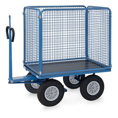 Fetra Handpritschenwagen mit Zugoese, hohen Drahtgitterwaenden und Polyurethanbereif