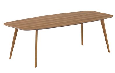 Moderner Esstisch aus Holz mit eleganter Tischplatte und schlichten Holzbeinen