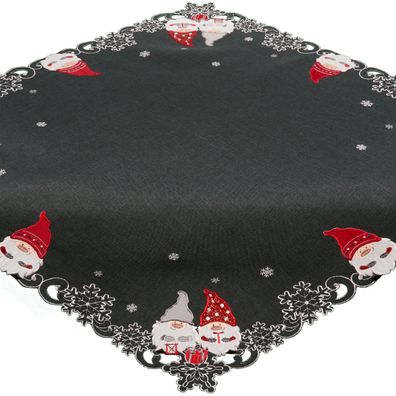 Tischdecke Weihnachten 85x85 Mitteldecke Bestickt Tischwäsche Wichtel Anthrazit