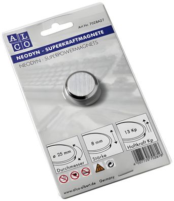 Alco Superkraftmagnete, silberfarben, Ø 25 mm, Haftkraft 13 k 1 Stück
