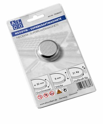 Alco Superkraftmagnete, silberfarben, Ø 30 mm, Haftkraft 21 kp 1 Stück
