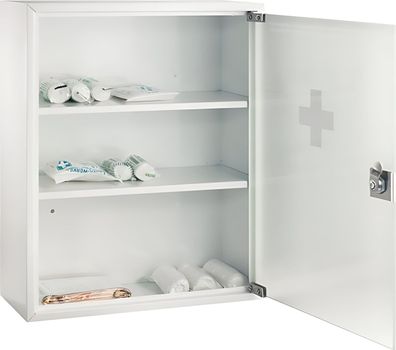 Erste-Hilfe-Verbandsschrank, Stahl, Weiß, leer Glastür, 36/45/15 cm