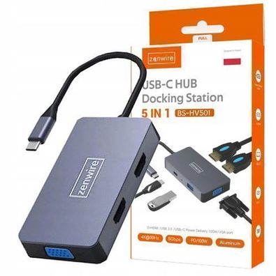 Adapter HUB 5W1 USB-C 2x HDMI 4K VGA USB 3.0 PD ZW Macbook Pro M1 Zenwire BS-HV501
