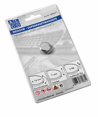 Alco Superkraftmagnete, silberfarben, Ø 16 mm, Haftkraft 2 kp, 1 Stück