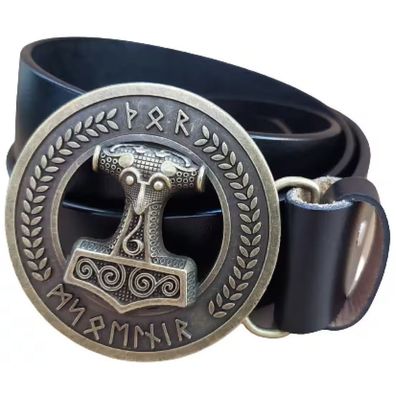 Ledergürtel Wechselgürtel Gürtel in schwarz mit Mjölnir Thorshammer Gürtelschnalle