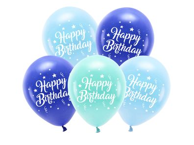 Öko Luftballons Happy Birthday 26cm Hellblau / Blau / Mint 5er Set