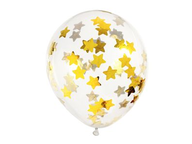 Luftballons Konfetti Sterne 30cm Klar Transparent / Gold 6er Set