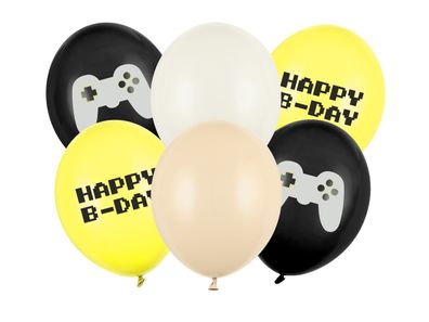 Luftballons Happy Birthday Gamer 30cm Schwarz / Gelb 6er Set