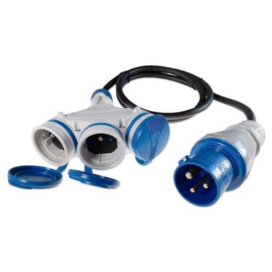 CEE Adapter 230V 16A zu 3-fach Schuko Verlängerung IP44 Gummi 1,5–20m