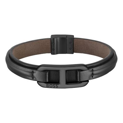 Boss Herren Armband 1580784M Leder, Edelstahl, Schwarz
