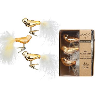 Christbaumschmuck Vögel auf Clip 4,5cm Glas 3er Set - Inkagold