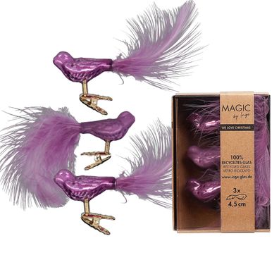 Christbaumschmuck Vögel auf Clip 4,5cm Glas 3er Set - Wild Mauve