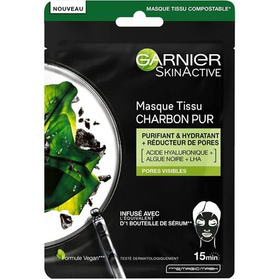 Garnier Haut Active Tuchmaske mit schwarzem Tee - bei glänzender Haut, 1 St