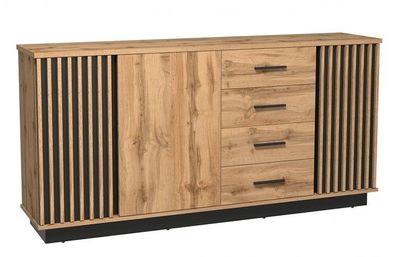 Kommode LAMELO LA21 Sideboard 3 Türen 4 Schubladen Wotan Eiche/ Schwarz