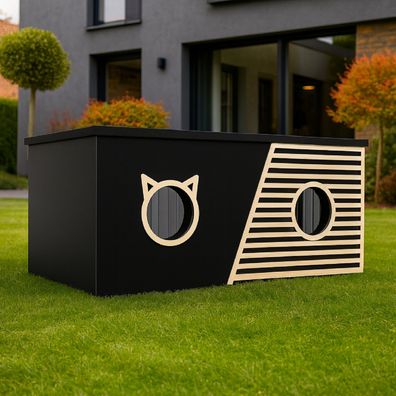 QLS Katzenhaus Outdoor XXL 85x45x37,5cm isoliert wetterfest mit Vorhang Schwarz 11398