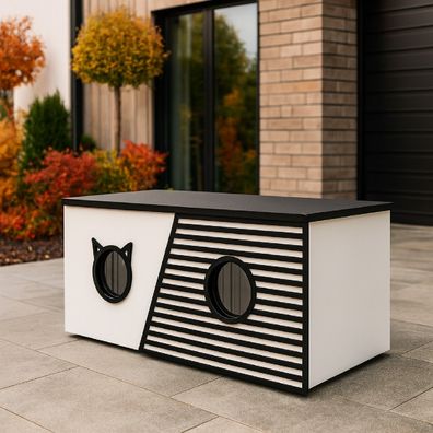 QLS Katzenhaus Outdoor XXL 85x45x37,5cm isoliert wetterfest mit Vorhang Weiß 11399