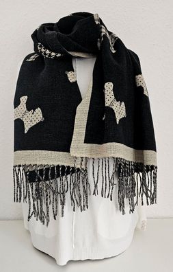 XL Winterschal Wendeschal Schal Tuch Halstuch Hundeprint Fransen Schwarz/Beige