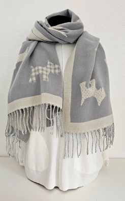 XL Winterschal Wendeschal Schal Tuch Halstuch Hundeprint Fransen Hellgrau/Beige