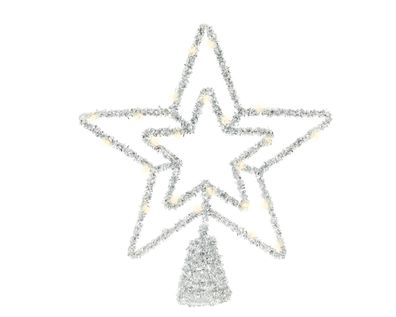 LED Christbaumspitze Stern mit Timer 28cm Metall Silber / Warmweiß