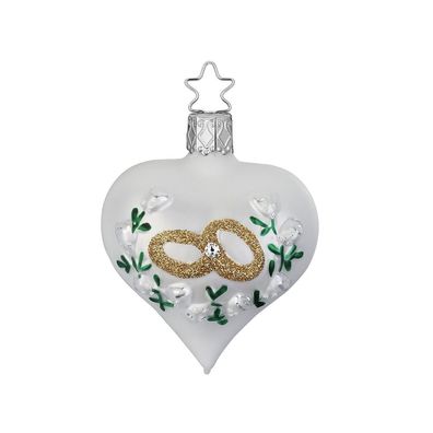Christbaumschmuck Glas 7cm Herz mit Ringen und Rosen 1 Stück weiß
