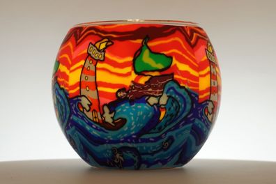 Leuchtglas Leuchtturm mit Segelschiff Teelicht Windlicht Schiff Küste Hafen Meer