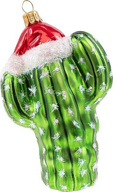 Christbaumschmuck Glas Kaktus mit Weihnachtsmütze 11cm grün