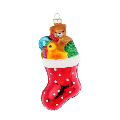 Christbaumschmuck Glas Weihnachtsstrumpf mit Teddybär / Ente 13cm rot