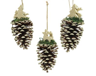 Christbaumschmuck Zapfen mit Hirsch 14cm braun / gold, 1 Stück sort