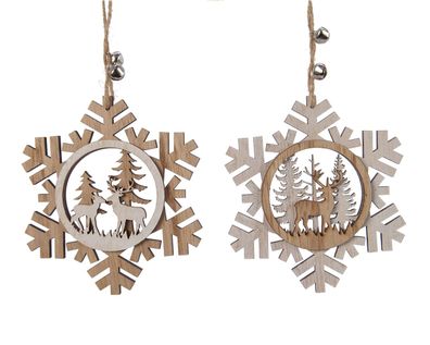 Christbaumschmuck Holz Schneeflocken mit Hirsch 12cm 1 Stück sortiert