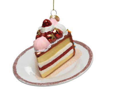Christbaumschmuck Glas Torte auf Teller 12,5cm weiß / rot