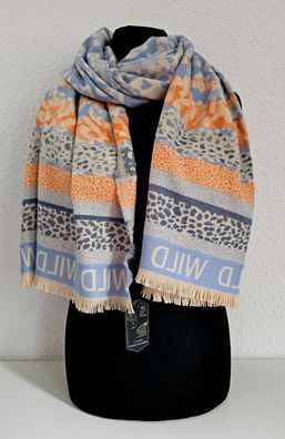 XL weicher Winterschal Tuch Schal Scarf Fransen Animal Herzen WILD Blau/Orange/Beige