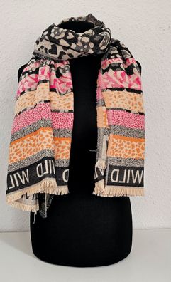 XL weicher Winterschal Tuch Schal Scarf Fransen Animal Herzen WILD Pink/Schwarz