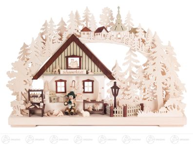 Schwibbogen "Schauwerkstatt" mit Schnitzer klein, indirekt elektrisch beleuchtet